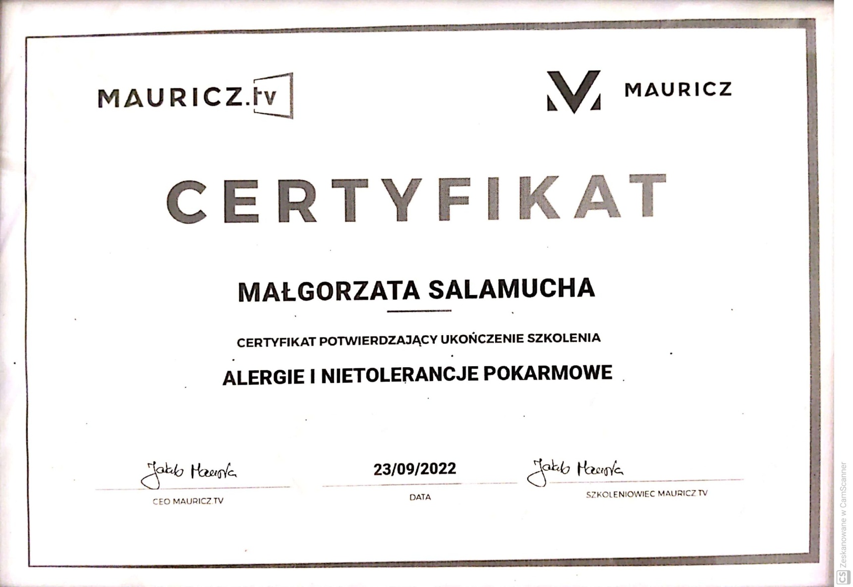 Certyfikat: CERTYFIKAT POTWIERDZAJĄCY UKOŃCZENIE SZKOLENIA ALERGIE I ... — 23/09/2022