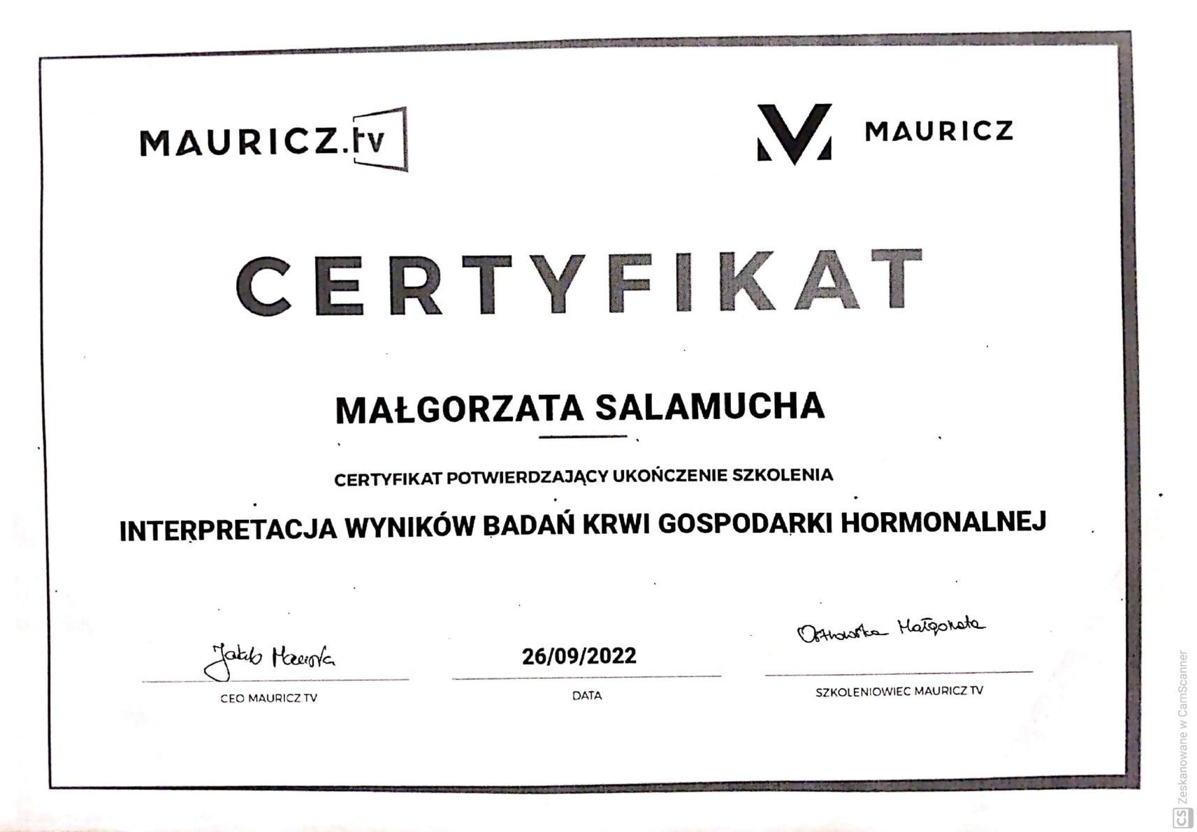 Certyfikat: CERTYFIKAT POTWIERDZAJĄCY UKOŃCZENIE SZKOLENIA INTERPRETA... — 26/09/2022