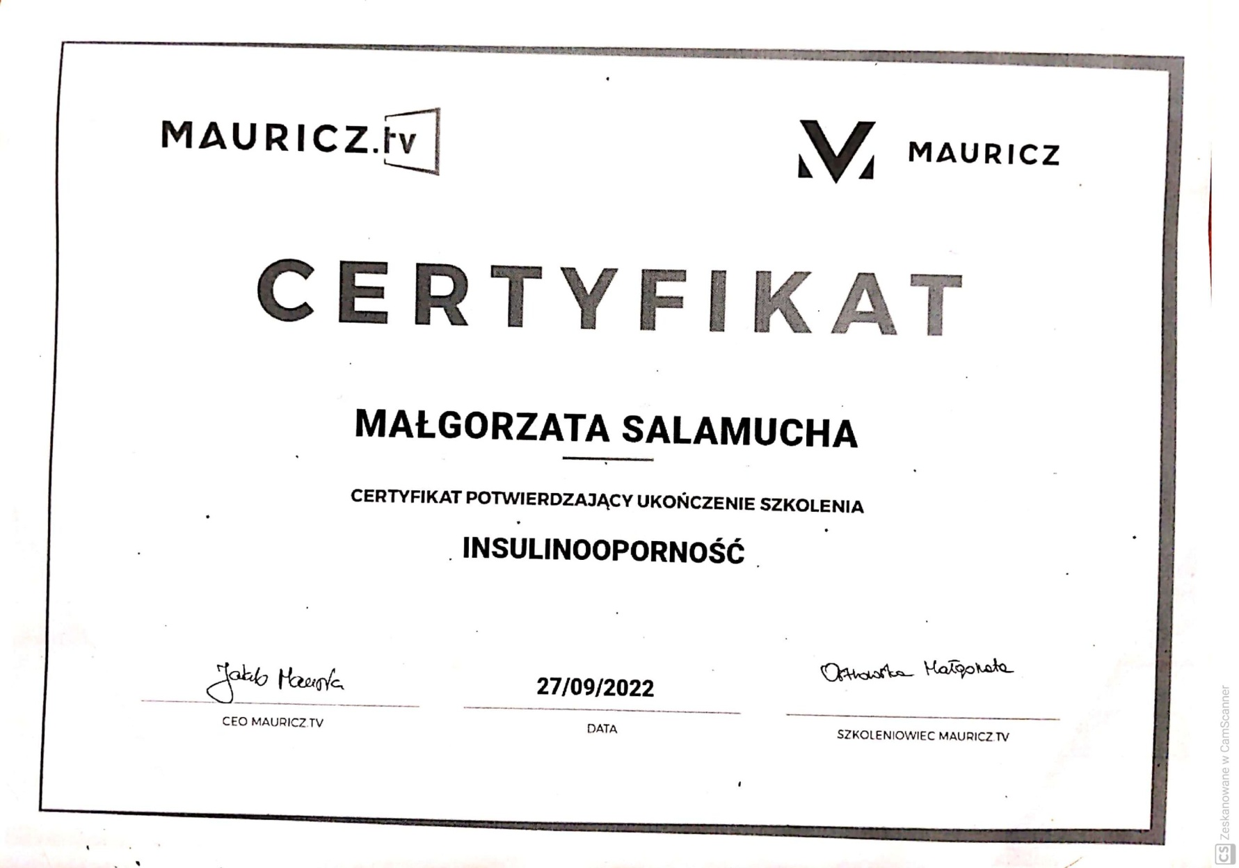 Certyfikat: CERTYFIKAT POTWIERDZAJĄCY UKOŃCZENIE SZKOLENIA INSULINOOP... — 27/09/2022