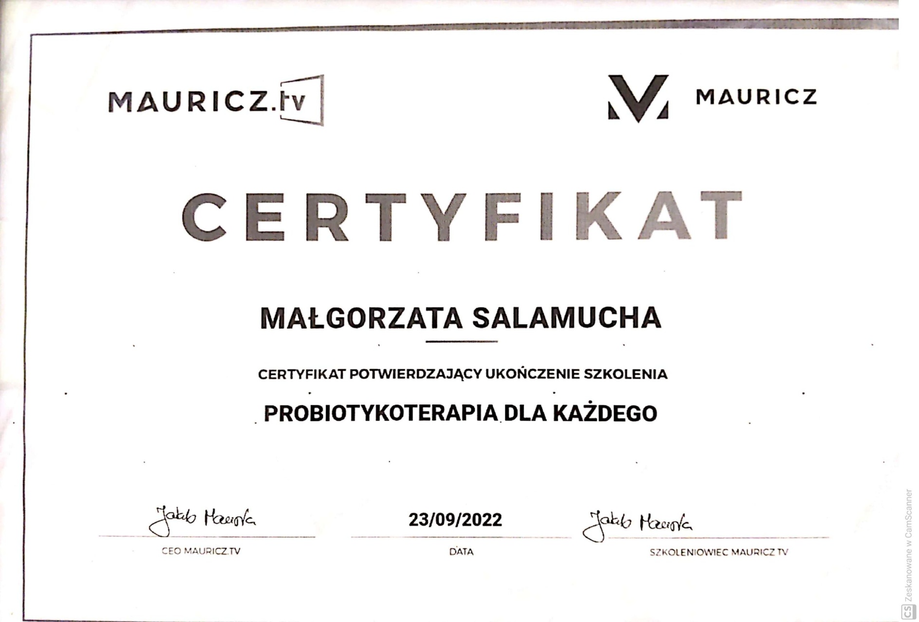 Certyfikat: CERTYFIKAT POTWIERDZAJĄCY UKOŃCZENIE SZKOLENIA PROBIOTYKO... — 23/09/2022