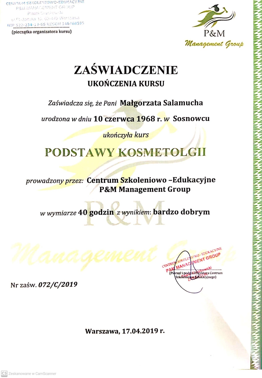 Certyfikat: Certyfikat potwierdzający ukończenie kursu "Podstawy Kosm... — 17.04.2019