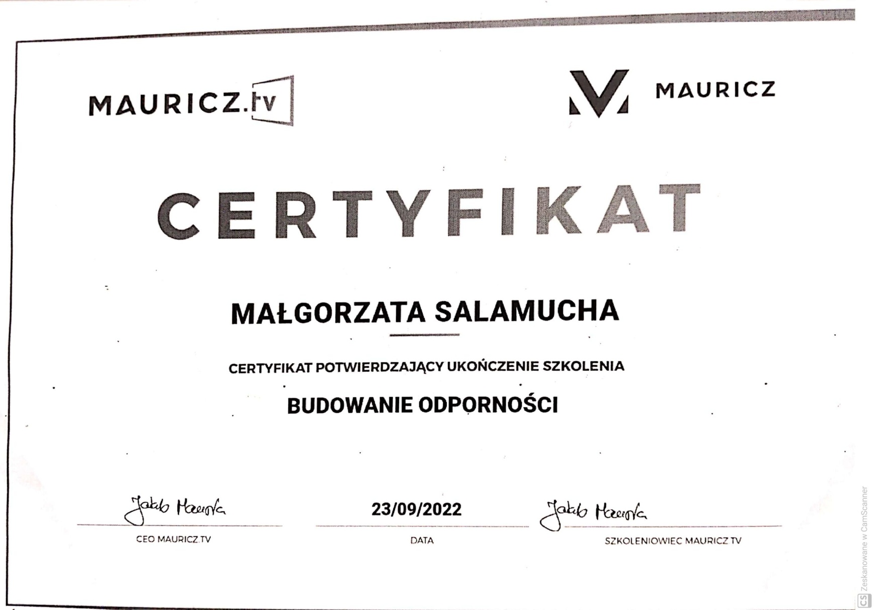 Certyfikat: CERTYFIKAT POTWIERDZAJĄCY UKOŃCZENIE SZKOLENIA BUDOWANIE ... — 23/09/2022