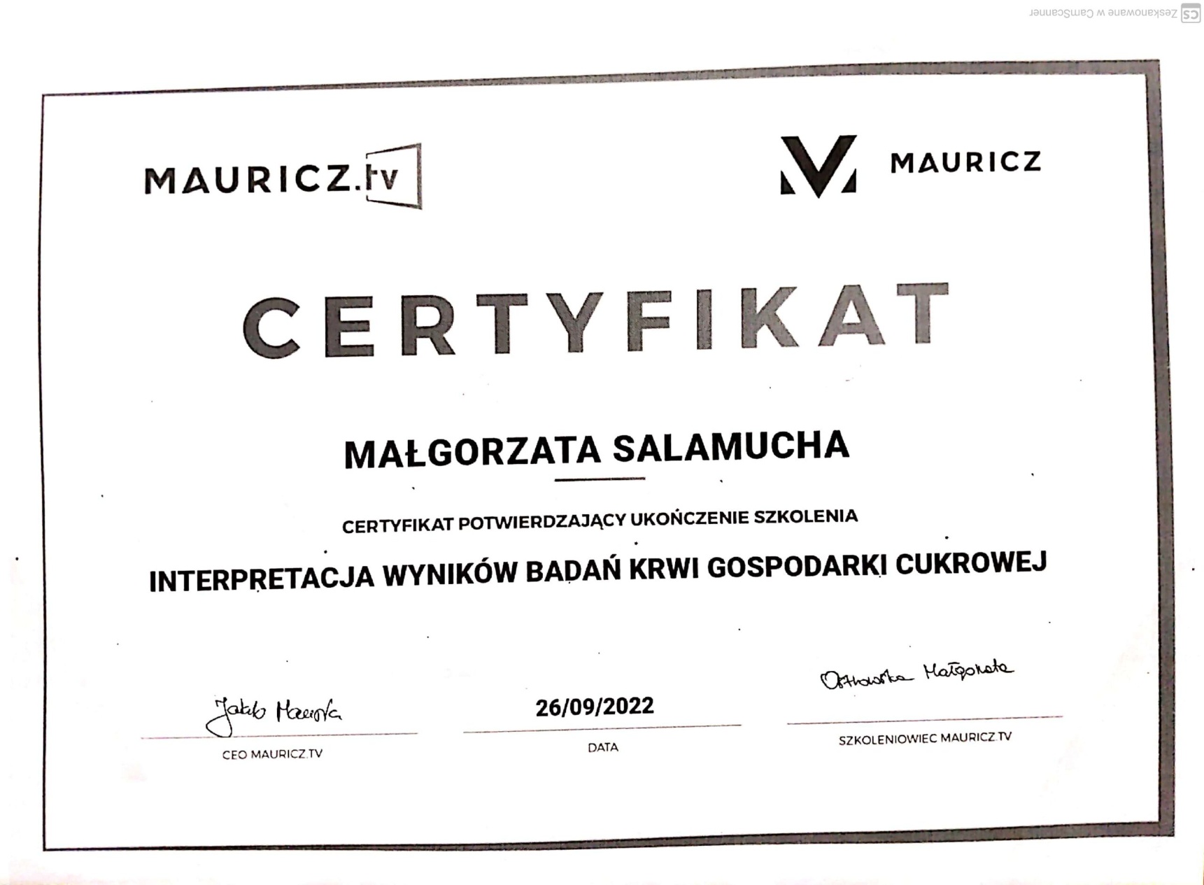 Certyfikat: CERTYFIKAT POTWIERDZAJĄCY UKOŃCZENIE SZKOLENIA INTERPRETA... — 26/09/2022